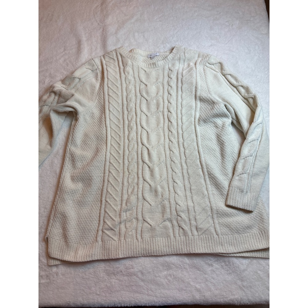 J. Jill Chenille Cable Knit Sweater Womens Large Ivory Cream Crew Neck Pullover